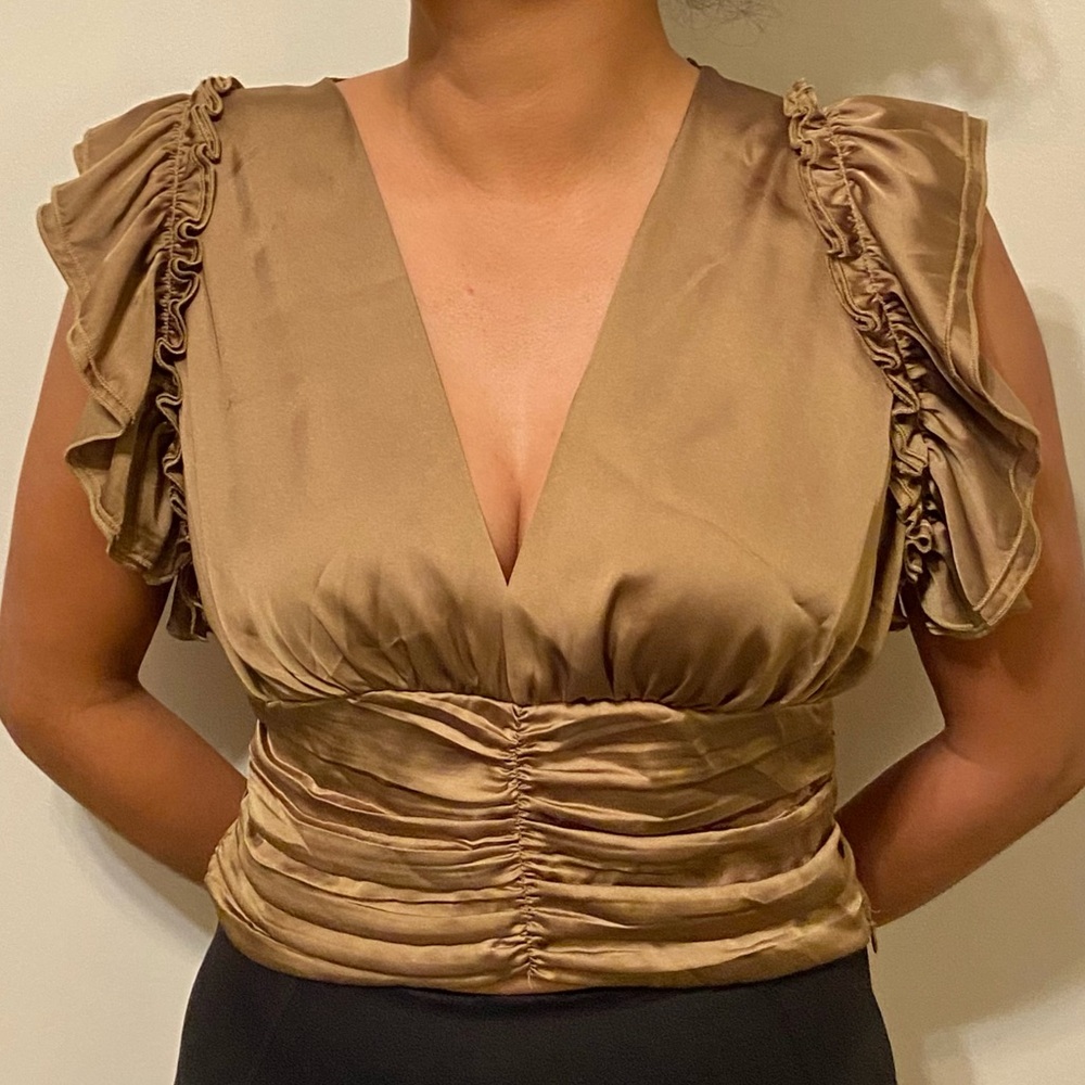 Zara Bronze Gold Satin Ruched Sleeveless V Neck Blouse Size M